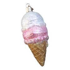 Old World Christmas Blown Glass Ice Cream Cone Ornament Pink White Gold OWC
