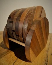 Set Of 6 Elegant Natural Wood Inlay Coasters With Stand