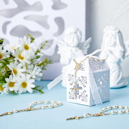 50 Packs Baptism Favors Acrylic Rosary Beads with Cross Organza Bags & Boxes - Picture 4 of 6