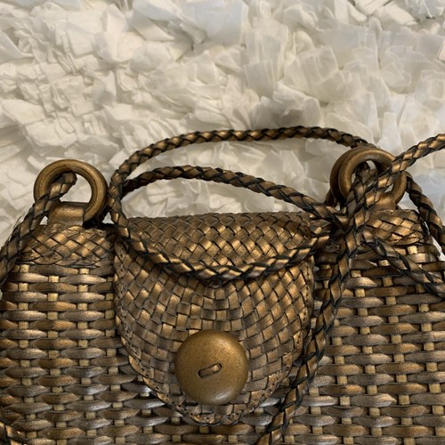 CEM Woven Leather Intrecciato Nodini Crossbody Bag Purse Gold Metallic - Picture 11 of 12