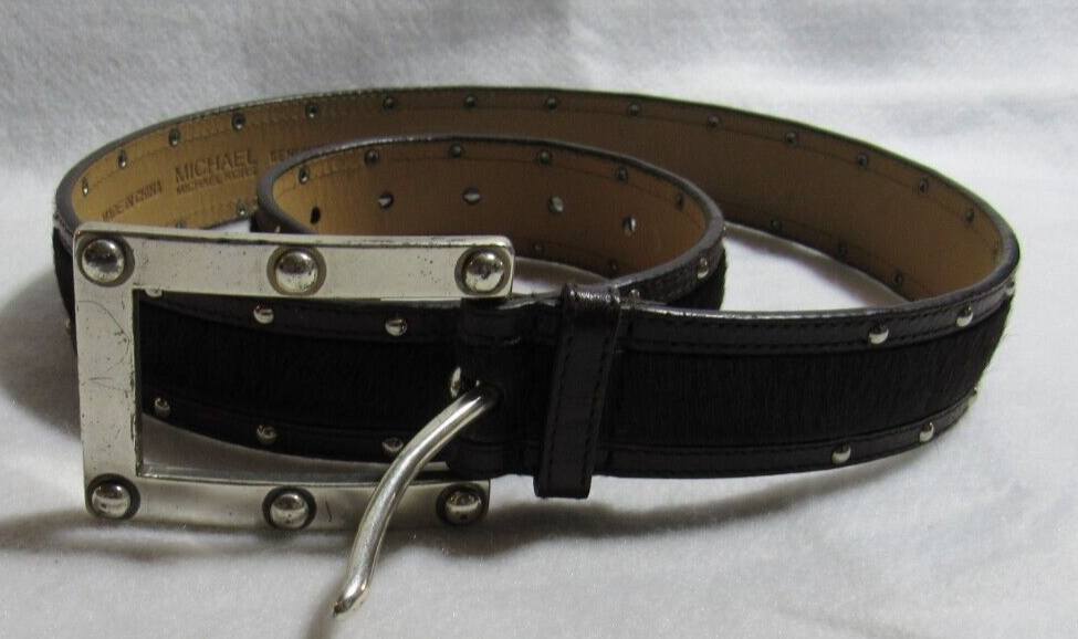MICHAEL KORS Womens Black Studded Leather w/black animal hair Belt Size Medium