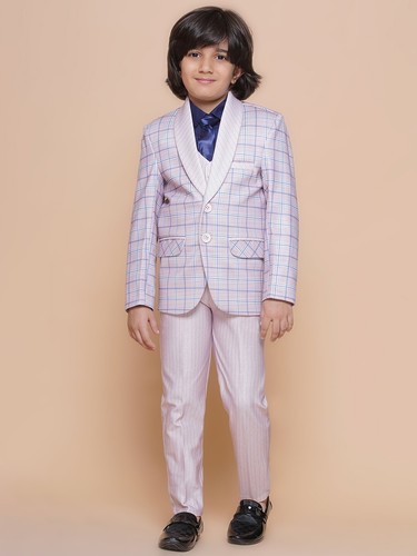 Kids 5 Piece Checkered Cotton Blend Coat Pant Suit Set For Boys - Picture 14 of 29