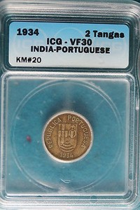 1934 ICG VF30 India-Portuguese 2 Tangas KM#20!! #B5035
