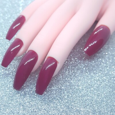 Dark Pink Solid Long Coffin Nail Set Press On Nails Handmade Hard Gel