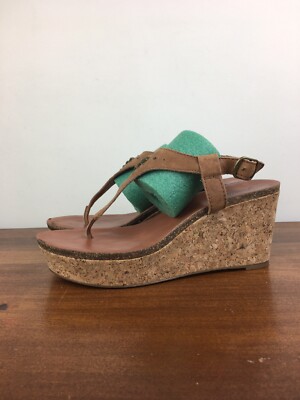 Lucky Brand Women's Cork Wedge Platform Thong Sandals Ankle Strap Size 