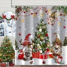 Merry Christmas Shower Curtains, Winter Tree Silver Snowflake Snow Xmas Gnome