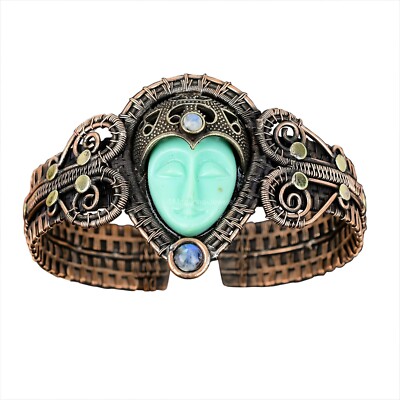 Green Carved Face Stone Copper Mom Gift Wire Wrapped Cuff Adjustable Bangle