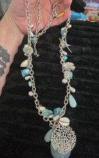 Beach Theme Silver Tone aqua Starfish Shell Necklace