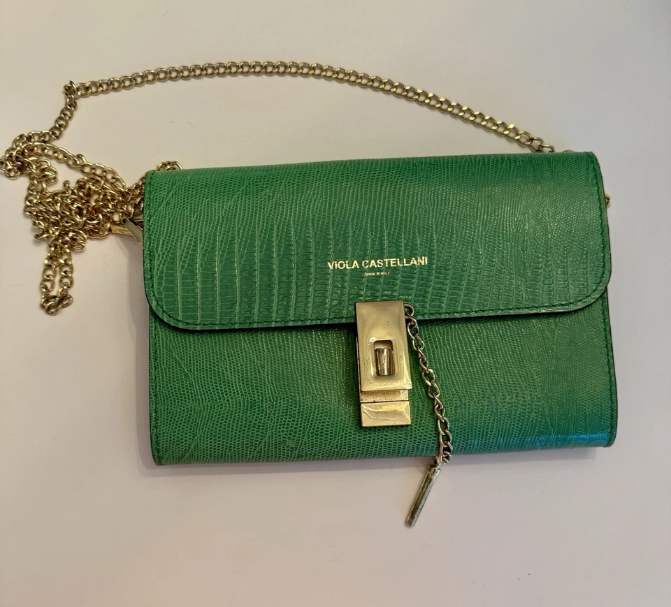 Viola Castellani Emerald Green Embossed Leather Crossbody Bag
