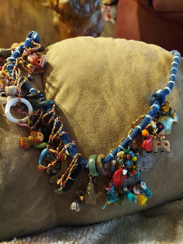 Lucky Necklace Peru India Coins Worry Dolls Shells Brass Charms Bells OOAK Rings