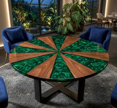 Emerald Green Epoxy Resin Table, Round Walnut Sunburst Dining Table