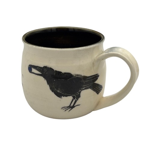 Studio Art Pottery Ceramic Mug Cup With Edgy Black Bird Crow Design
