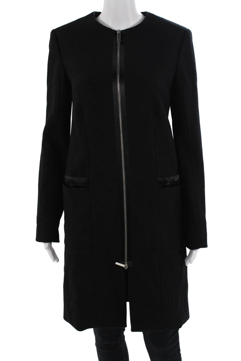 The Row Women Overcoat Black Wool Blend Zip Crew Neck Long Sleeve Size 4Free Shipping in US $100+ Orders | $6.95 Orders Below