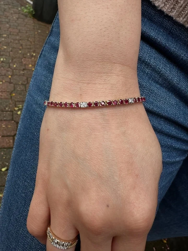 10Ct Round Cut Natural Red Ruby & Diamond Tennis Bracelet 14K Real Yellow Gold - Image 3 of 4
