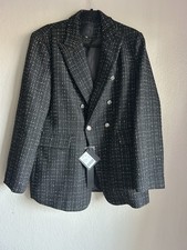 Mina Self Black Metallic Grid Tweed Double Breasted Blazer Jacket XXL