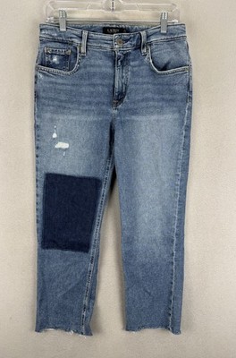 Lauren Ralph Lauren Women's Sz 4 Patchwork Boyfriend Raw Hem Blue Denim Jeans