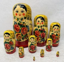 Vintage Russian Matryoshka Nesting Dolls 10 Piece Floral Hand Painted