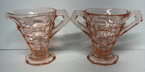 Indiana Tea Room Pink Sugar Bowl and Creamer 4" Depression Glass Vtg Art Deco