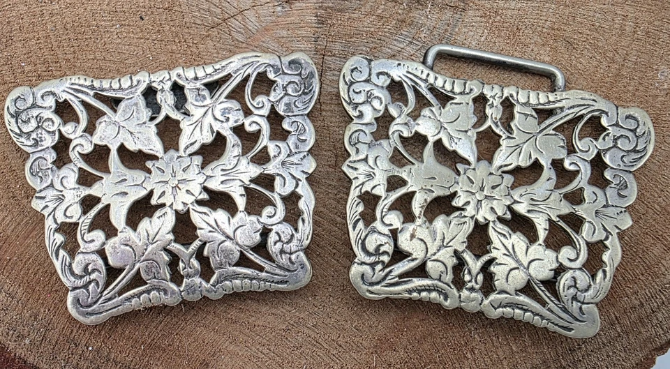 Par de fivelas antigas vitorianas prata filigrana faixa fecho de cinto floral vintage ornamentado - Imagem 2 de 4