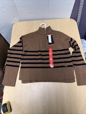 New DKNY Women's LS Quarter-Zip Sweater Size Xs Brown Black Stripe