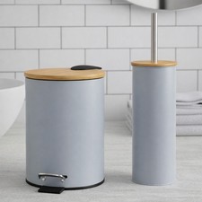 Bathroom Set with Bamboo Lid - Matte Metal Trash Can and Toilet Brush