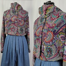 Vtg La Chine Plus Multicolored Houndstooth  Paisley Blouse w Scarf Size XL 