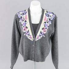 Vintage 80s Gray Angora Floral Cardigan Koret Women's Petite Medium
