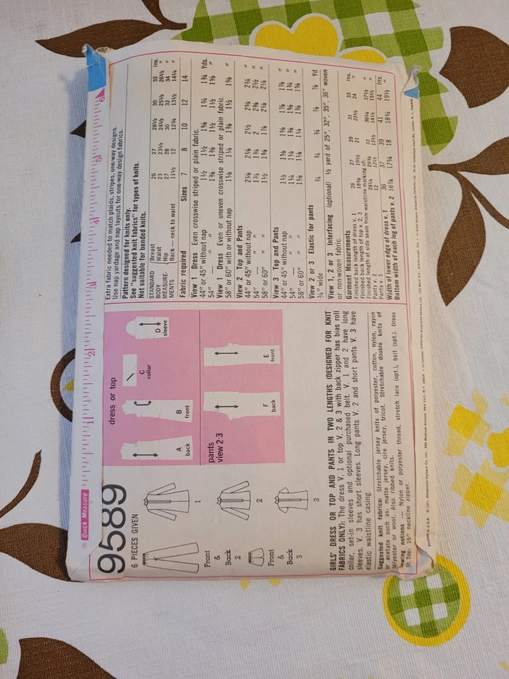 Vintage Sewing Pattern Mod 1970s 9589 SIMPLICITY  TOP DRESS & PANTS GIRLS Sz 10  - Image 2 of 3