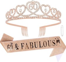 Rose Gold 60Th Birthday Sash and Crown Adult Women Rhinestone Birthday Tiara Ros