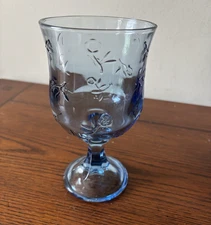 Anchor Hocking Savannah Blue Glass Iced Tea Water Goblet/ Embossed Roses Vintage
