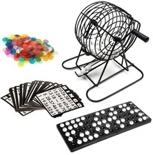 Bingo Game Set Metal Cage with 75 Balls, 18 Cards & 150 Chips – Complete Family
