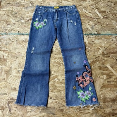 Vintage 2000s Y2K Sharagano Embroidered Dragon Baggy Jeans Size 34x30 Grunge 90s