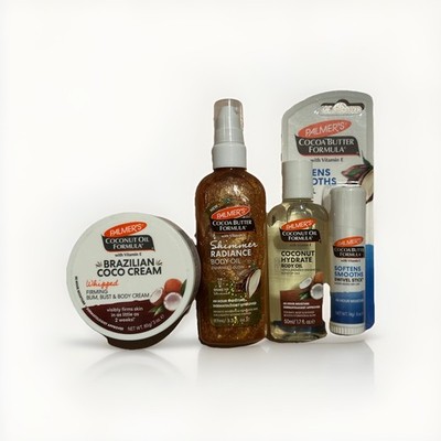 Palmers Coconut Butter Formula Bundle Of 4 - Cream, Shimmer Oil, Swivel Stick