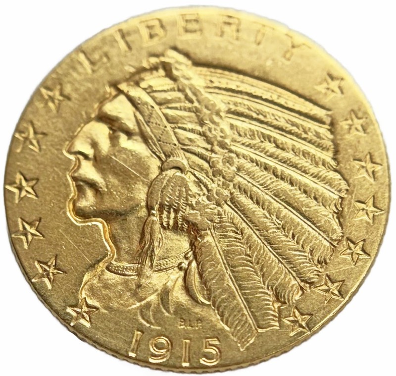 1915 GOLD UNITED STATES $5 INDIAN HEAD HALF EAGLE COIN PHILADELPHIA MINT