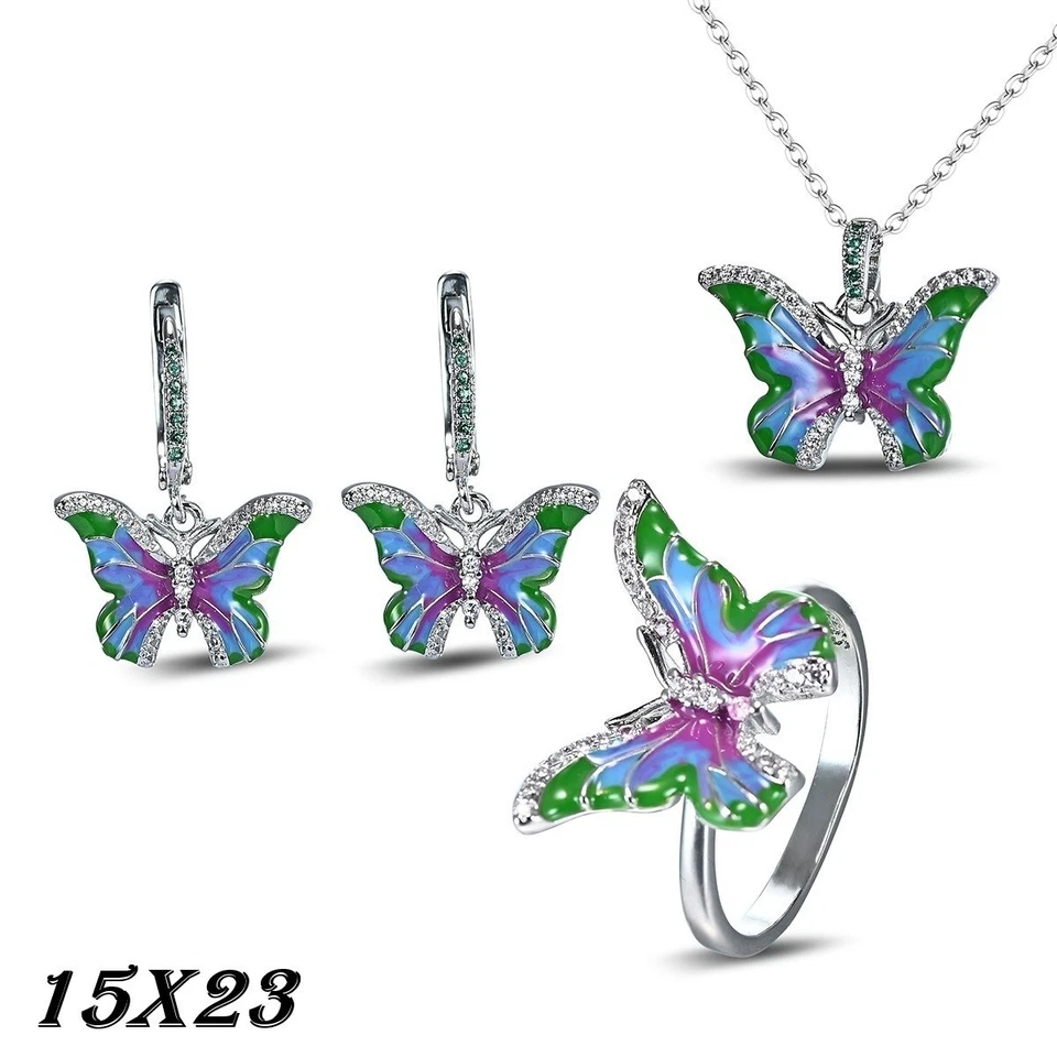 Schmetterling Smuckset rohdiniert Emaille Ohrringe Halskette Anhänger Ring Damen - Bild 1 von 4