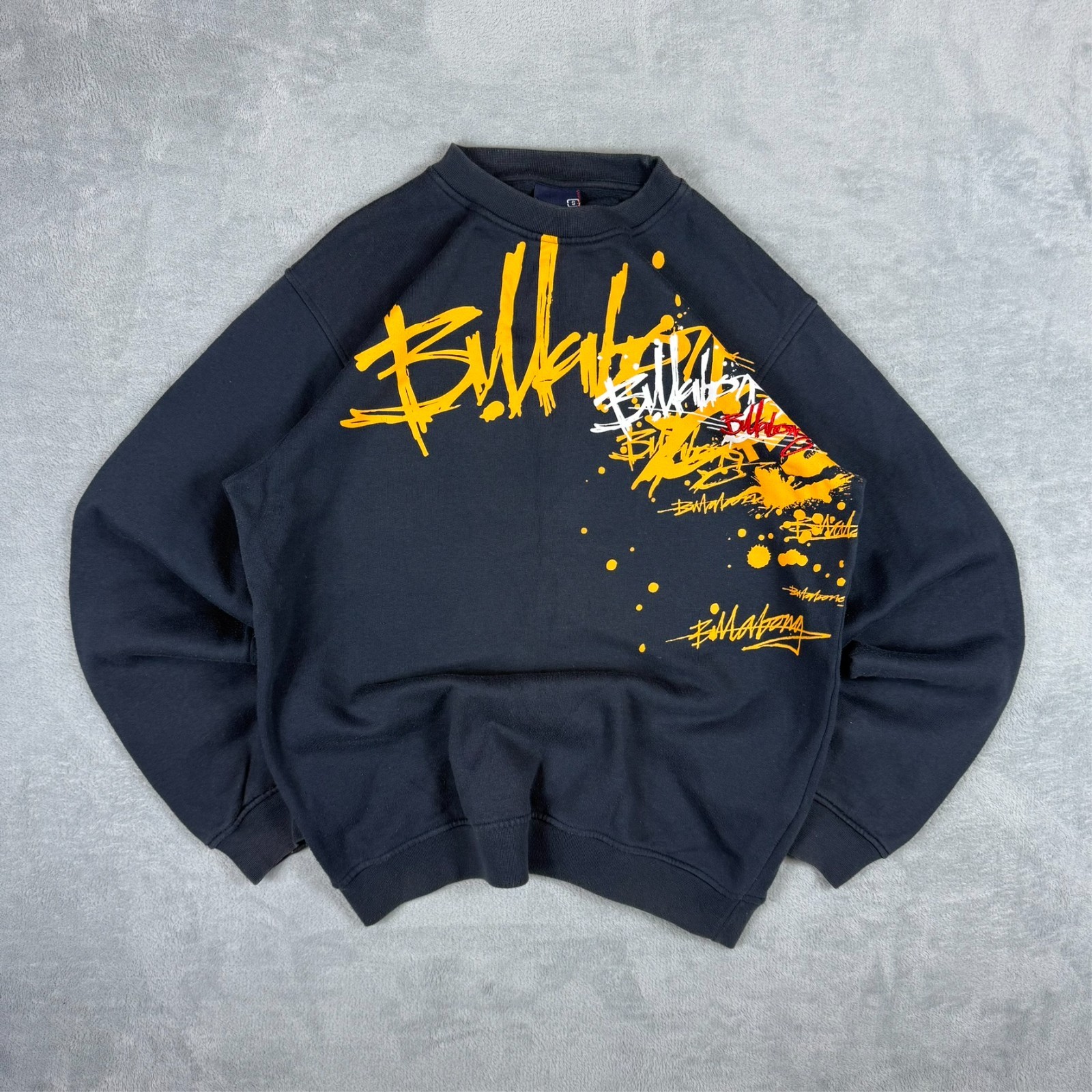 VTG Billabong 2000's Y2K Navy Yellow Graffiti Script Small Pullover Sweatshirt
