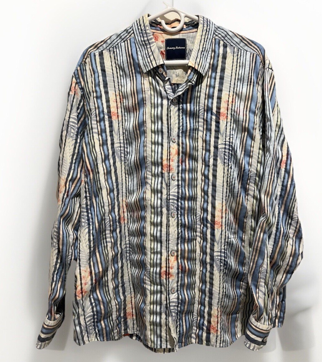 Tommy Bahama Floral Striped Blue Shirt XL