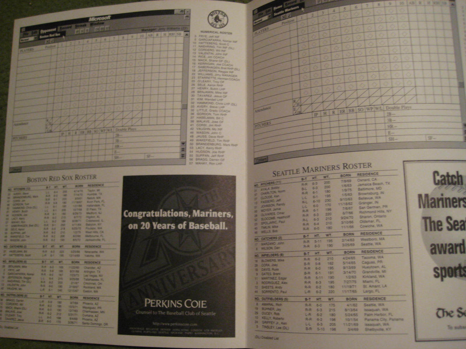Original Vintage 1997 SEATTLE MARINERS SCORECARD 20th Anniversary