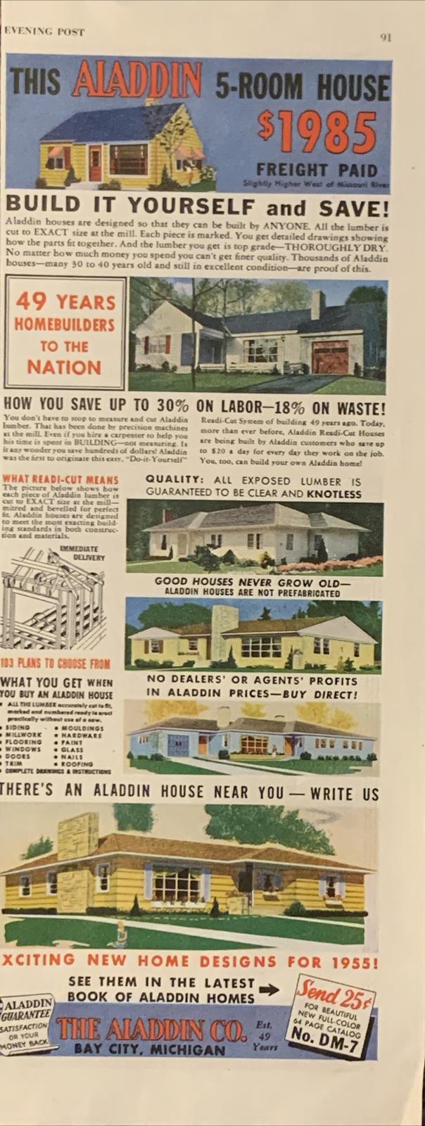 1955 Aladdin Co Bay City Michigan PRINT AD Mail Order Home Design Plans VTG 50s