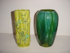 VINTAGE LOT 2 GREEN VASES - 1 TREE TRUNK W BERRIES ON VINES & 1 DARK MULTI GREEN