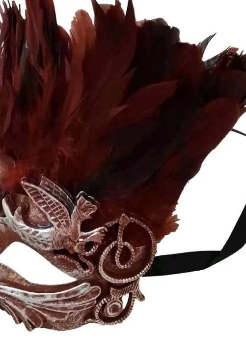 Feather Masquerade Party Mardi Gras MASK Real Gemstone Red Black Silver Beautifu - Image 2 of 4