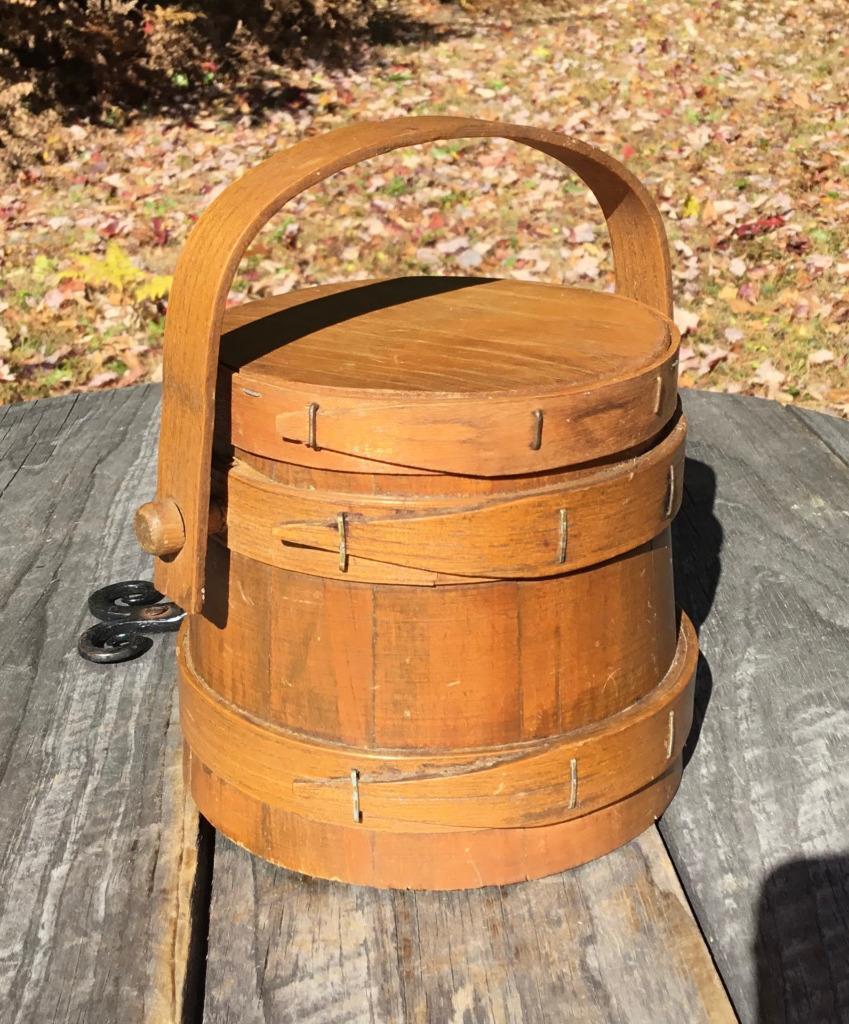 Top of Stack Vintage Prim Wooden Firkin Sugar Bucket Handle & Lid 3