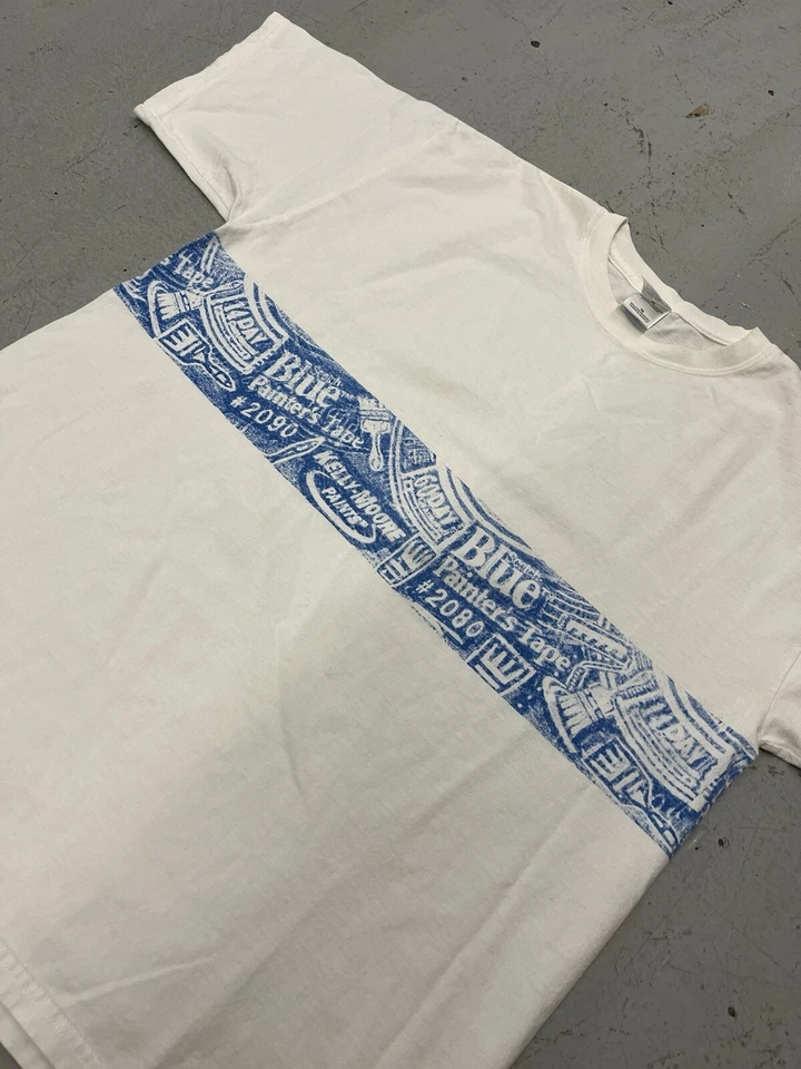 复古 Kelly Moore 3M 衬衫 XL 码 Y2K 蓝色条纹画家胶带涂鸦艺术 — 第 2/4 张图片