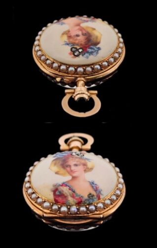 Antique Art Nouveau 18k Gold Diamond Pearl Enamel Pocket Watch Pendant- Estate - Picture 6 of 23