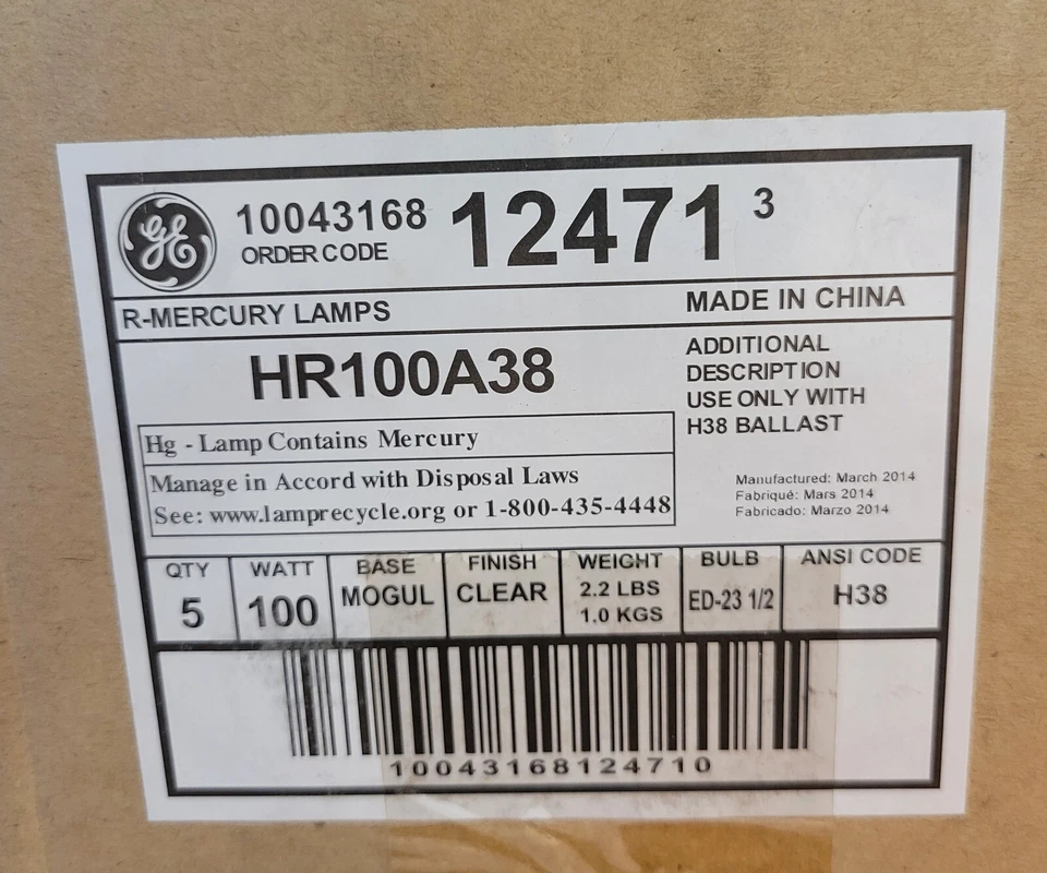 5 Pack GE 12471 R-Mercury HR100A38 Lamps HID 100W E39 Mogul Base H38 Ballast - Image 2 of 4