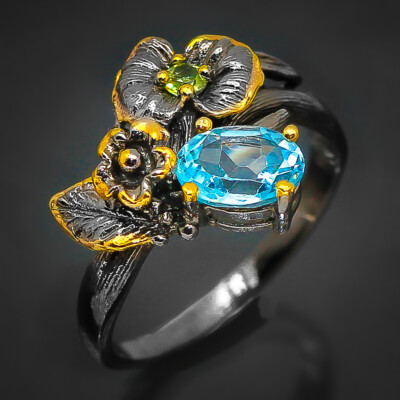 Thai Handmade Jewellry  Natural Blue Topaz Silver Ring 925 Sterling / RVS74