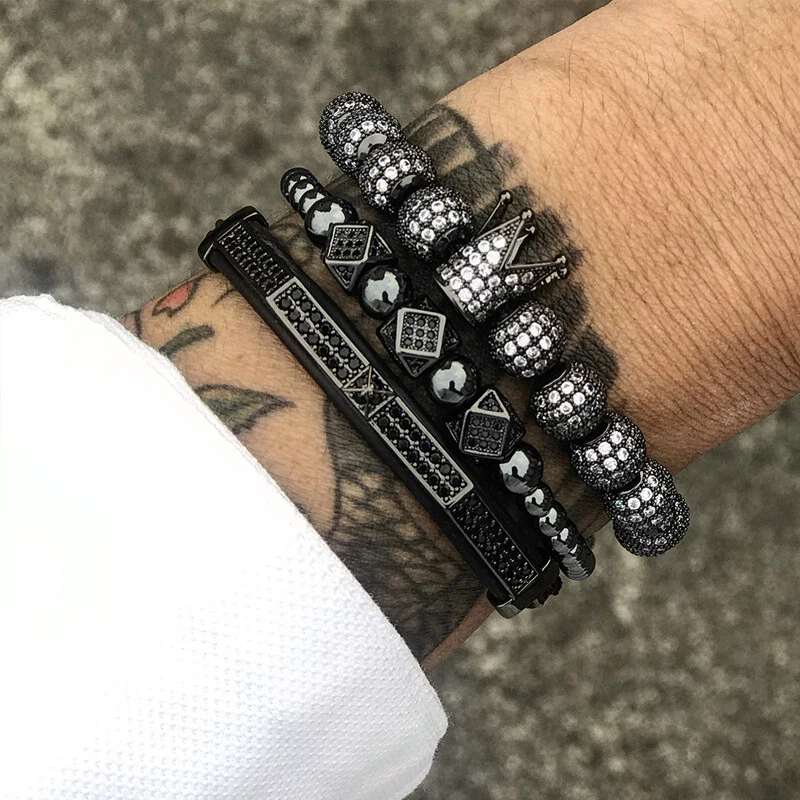 Moda Hombres Oro Pavé Circonita cúbica Corona Rey Micro Cuentas Trenzado Pulsera Conjunto Joyería Foto 3 de 4
