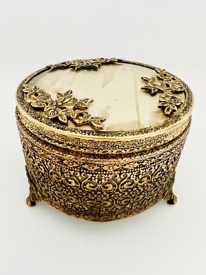 Vintage Ormolu Regency Style Gold Gilt Rose Footed Powder Box Glass Liner Vanity