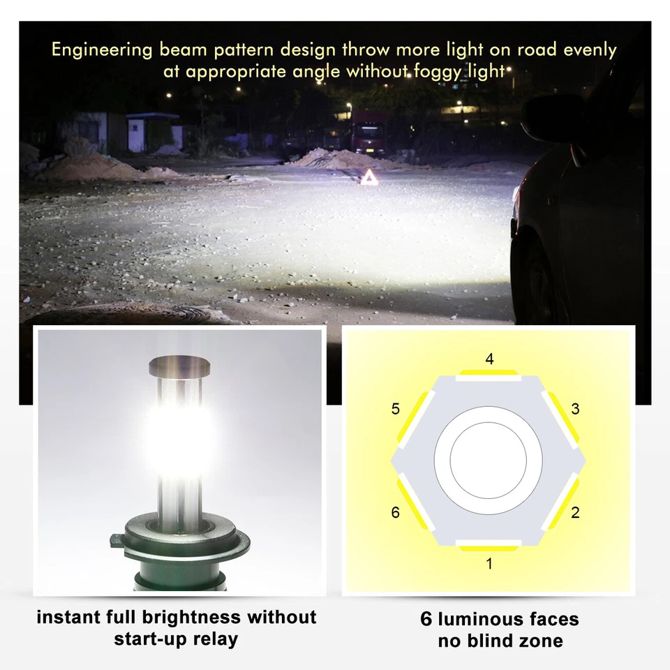 6 Sides H7 LED Headlight White 6000K High Beam Bulbs for KIA Sorento 2014-2019 - Image 3 of 4