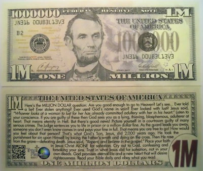 Lincoln Green Million Dollar Bill Gospel Tract Play Funny Money with FREE SLEEVE